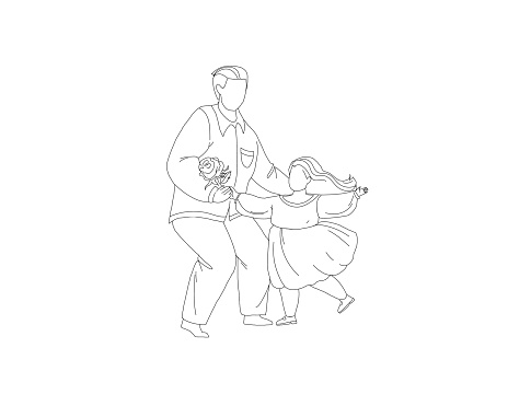 Dad dancing with daughter line vector illustration