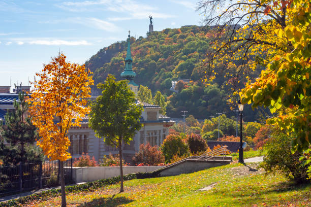 montaña gellert en otoño, budapest, hungría - liberation monument budapest hungary monument fotografías e imágenes de stock