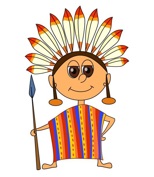 Native American Indigenous in cartoon style. A man in a national dress with a spear and on his head with an adornment warbonnet. Native American Indigenous in cartoon style. A man in a national dress with a spear and on his head with an adornment warbonnet. Character flat isolated on white background. Vector. war bonnet stock illustrations