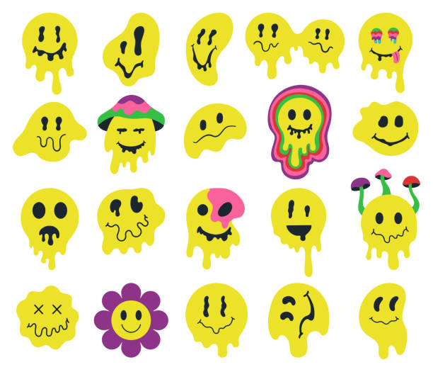 Melting psychedelic smiling faces, dripping groovy characters. Crazy graffiti smile emoji, facial expressions mascots vector illustration set. Dripping smiling emoji faces Melting psychedelic smiling faces, dripping groovy characters. Crazy graffiti smile emoji, facial expressions vector illustration set. Dripping smiling emoji faces. Smile psychedelic emoji melting distorted face stock illustrations