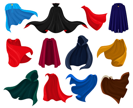 Cartoon superhero or fairytale fabric cloaks, mantle and capes. Superheroes cloaks and mantles isolated vector illustration set. Hero capes costume. Colored costume fabric superhero
