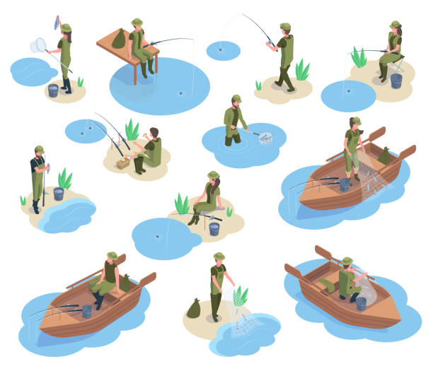 Isometric fishermen characters, 3d river or pond fishing. Characters using fishing equipment, boat, tackle and fishing rod vector illustration set. Fisherman characters Isometric fishermen characters, 3d river or pond fishing. Characters using fishing equipment, boat, tackle and fishing rod vector illustration set. Fisherman characters activity fishing on pond cartoon fishing hook stock illustrations