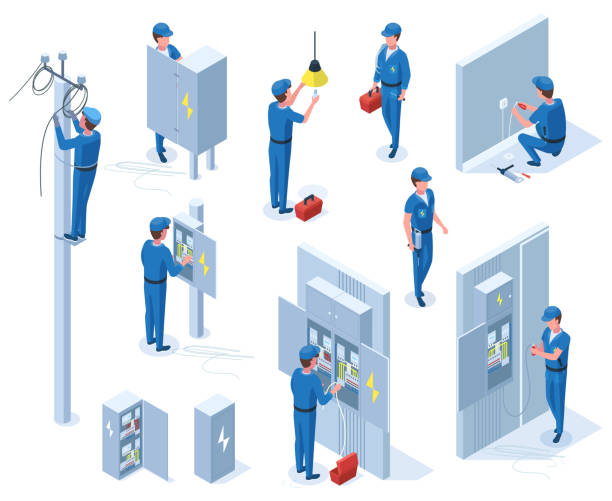 Isometric professional electricians, workers repair power line. Electrician occupation, characters with electrical equipment vector illustration set. Electrician profession Isometric professional electricians, workers repair power line. Electrician occupation, characters with electrical equipment vector illustration. Electrician profession repair, isometric professional electrician stock illustrations