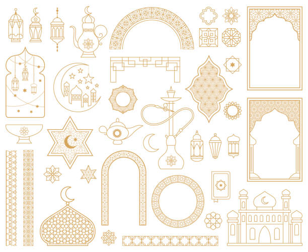 ilustraciones, imágenes clip art, dibujos animados e iconos de stock de elementos decorativos tradicionales árabes musulmanes orientales de oro. mezquita árabe, arco, narguile, linterna oriental, bordes estampados conjunto de ilustración vectorial. símbolos árabes orientales - islam