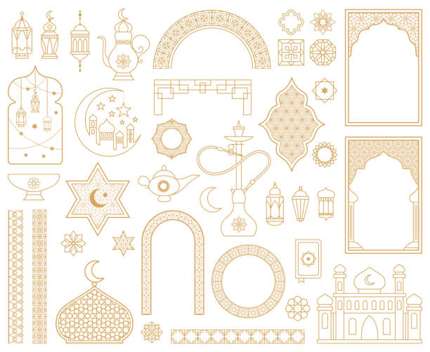 illustrazioni stock, clip art, cartoni animati e icone di tendenza di elementi decorativi tradizionali arabi musulmani orientali in oro. moschea araba, arco, narghilè, lanterna orientale, set di illustrazioni vettoriali con bordi modellati. simboli arabi orientali - islam