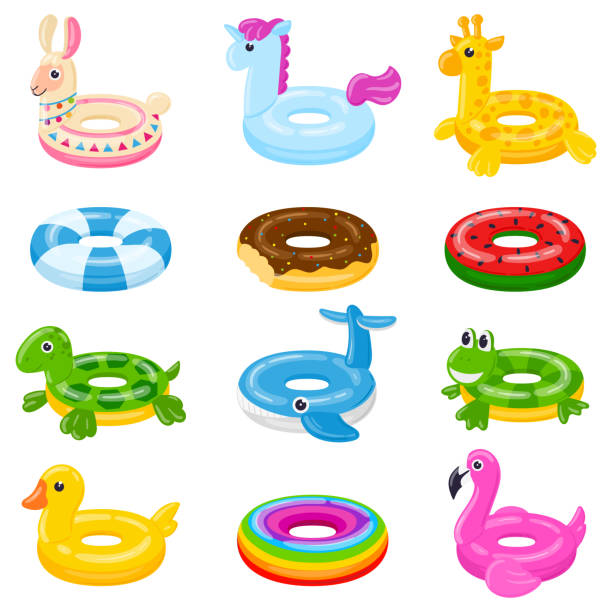 cartoon schwimmringe, poolspiele gummispielzeug, bunte rettungsringe. schwimmkreise, süße pool-wassermelone, donut und enten spielzeug vektor-illustrations-set. sommer schwimmen rettungsringe - swim ring stock-grafiken, -clipart, -cartoons und -symbole