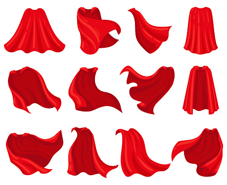 Cartoon superhero red cloaks, scarlet mantle capes. Silk superhero cloak costume, scarlet hero capes vector illustration set. Superhero red textile cloaks. Costume fabric superhero, mantle cloak