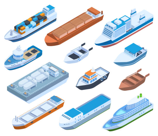 Isometric commercial sea ships, yacht, barge, cruise and sailing boats. Passenger, cargo sea ships, yacht and boat ship vector illustration set. Water transportation Isometric commercial sea ships, yacht, barge, cruise and sailing boats. Passenger, cargo sea ship, yacht and boat ship vector illustration. Water transportation isometric ship, transportation shipment ferry stock illustrations
