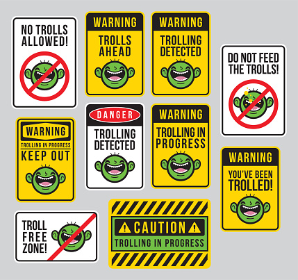 Online and Internet Trolling Signs: Do Not Feed the Trolls, Danger - Trolling Detected, No Trolls Allowed, Troll Free Zone. Warning signs, Danger signs, Caution signs vector illustration.