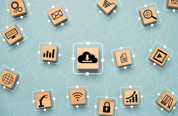 istock Flat lay design of cloud computing connection link with social media icon for technology transformation and meta verse sharing concept. 1365365940