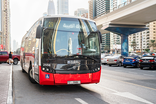 November 12, 2021, Dubai, UAE. Volvo bus rides on a bus route in Dubai.