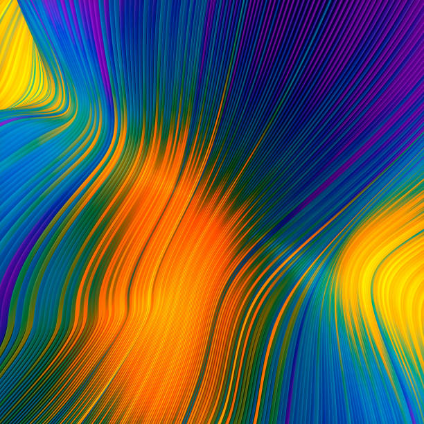 istock Wavy digital illustration of striped pattern floating lines. Creative iridescent decoration. 3d rendering 1365367672