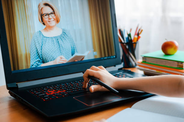 istock Distance learning online education. A schoolboy boy studies at home and does school homework. A home distance learning 1365367781