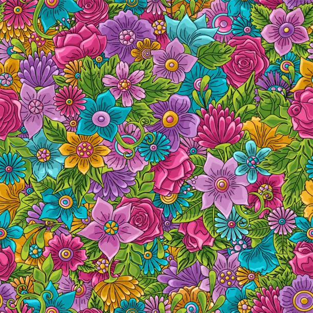 Vector illustration of Wonderland floral seamless pattern. Bright colored flowers and leaves. daisies, roses, buttercups, marigolds, asters, dahlias and others. Texture for fabric, wallpaper, print