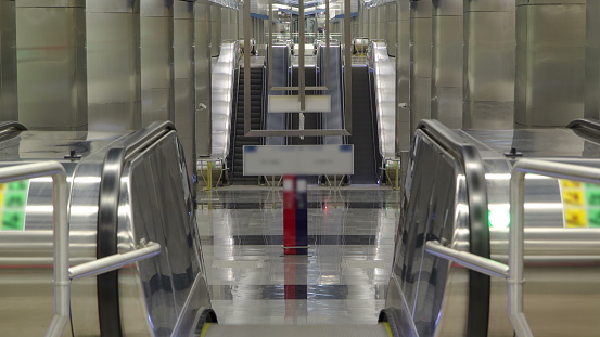 escalator at modern subway station. Metro delovoy center bussines centre timelapse, Moscow, Russia