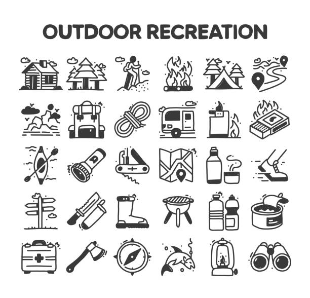 outdoor recreation related hand drawn vector doodle icon set - computer icon symbol water bottle icon set stock-grafiken, -clipart, -cartoons und -symbole