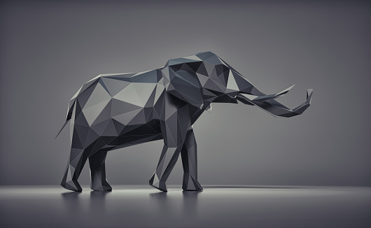 Low poly elephant on dark background. Creative and complex concept. This is a 3d render illustration