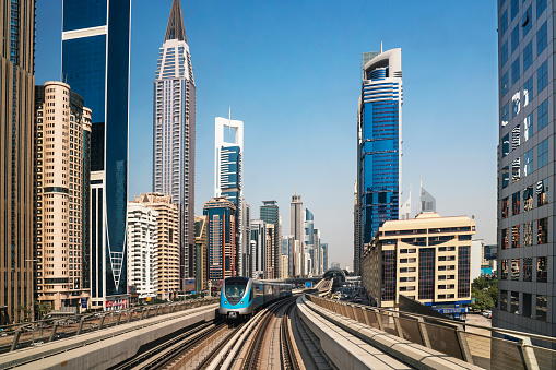 Dubai city center, with skyscrapers and train metro, United Arab Emirates