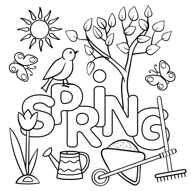 Coloring page with the word SPRING Coloring page with the word SPRING, garden, wheelbarrow, rake, tree, flowers, bird, butterflies. Vector illustration coloring book page illlustration technique illustrations stock illustrations
