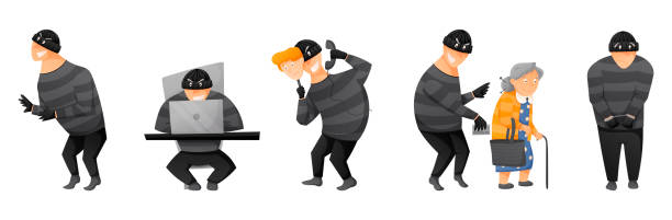 bildbanksillustrationer, clip art samt tecknat material och ikoner med set of vector isolated illustrations, telephone or computer scammer, a man in a balaclava and gloves. the concept of online crime, cybercrime or theft. - bedrägeri telefon