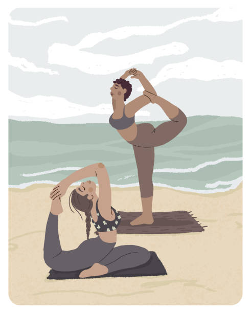 ilustrações de stock, clip art, desenhos animados e ícones de two young women of different nationalities are doing yoga on the beach. outdoor workout illustration. vector. - stretch beach