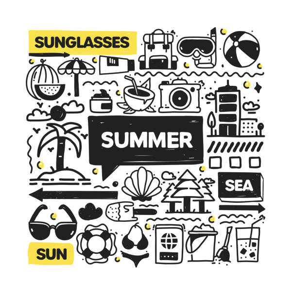 ilustrações de stock, clip art, desenhos animados e ícones de summer object and elements. vector doodle illustration collection. hand drawn icon set or banner template - summer resort id card sign paperwork