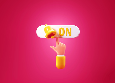 Cartoon style human hand clicking on a white computer button behind a yellow notification icon on pink background. On reads on push button. Horizontal composition with copy space. On and off notification concept.