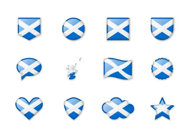Vector illustration of Scotland - set of shiny flags of different shapes.