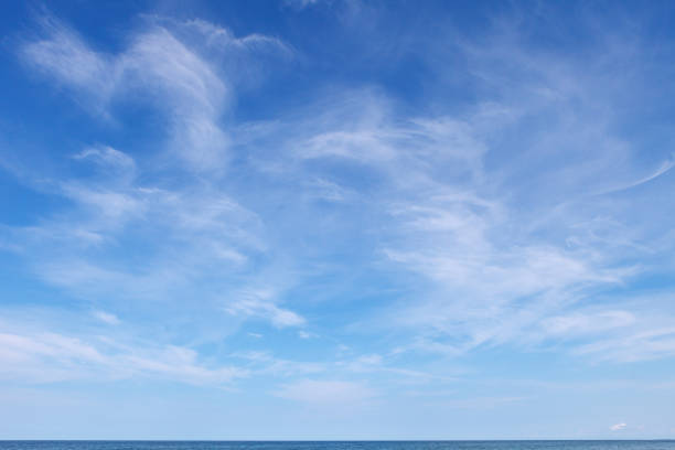 istock Beautiful blue sky with cirrus clouds over the sea. Skyline. 1365380108