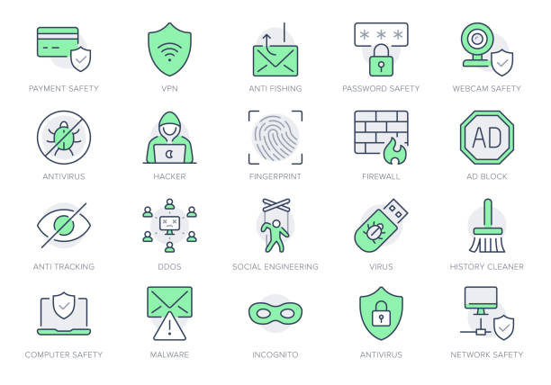 Cybersecurity line icons. Vector illustration include icon - ddos, email, malware, hacker, fingerprint, shield, phishing outline pictogram for computer safety. Green Color, Editable Stroke Cybersecurity line icons. Vector illustration include icon - ddos, email, malware, hacker, fingerprint, shield, phishing outline pictogram for computer safety. Green Color, Editable Stroke. vpn stock illustrations