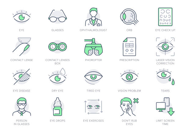 ophthalmologie-liniensymbole. vektorillustration enthalten symbol - kontaktlinse, augapfel, brille, blindheit, augenkontrolle, umrisspiktogramm für optikerausrüstung. grüne farbe, bearbeitbare kontur - optometrie stock-grafiken, -clipart, -cartoons und -symbole