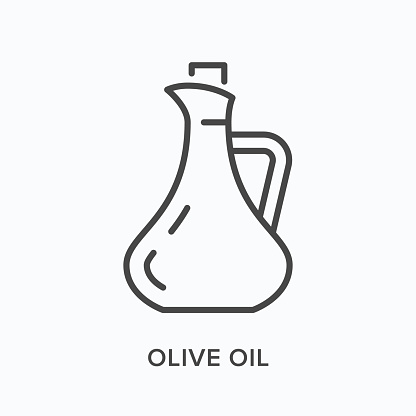 Olive oil flat line icon. Vector outline illustration of glass bottle with cork. Black thin linear pictogram for cooking stuff.