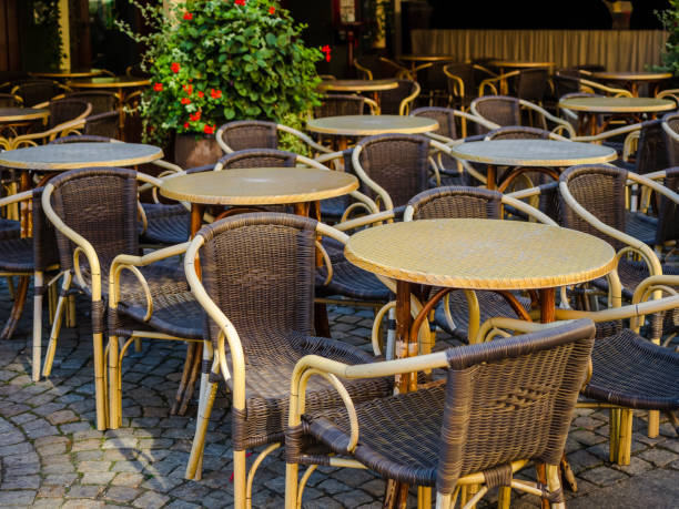 istock Empty restaurant terrace in european city 1365384570