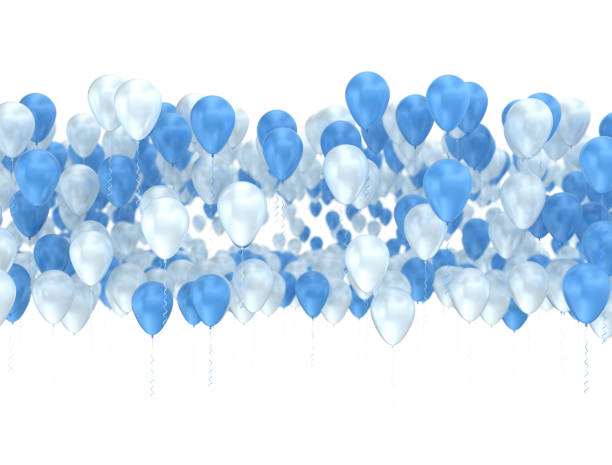 istock Glossy white silver and blue balloons in a row 1365384790