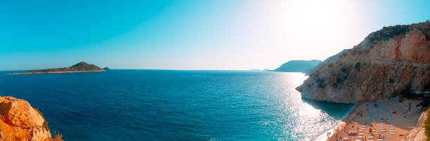 Panoramic view of Kaputas Beach. Famous beach in Kas Antalya Turkey. Travel to Turkey background photo. Kaputas and turquoise sea at sunset.