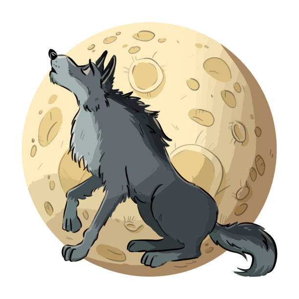 オオカミは月に遠吠えする。犬やオオカミのリネアート漫画のイラスト。リネアートスタイルのイメージのイヌ。コミックスタイルの野生動物 - wolf coyote howling dog点のイラスト素材／クリップアート素材／マンガ素材／アイコン素材