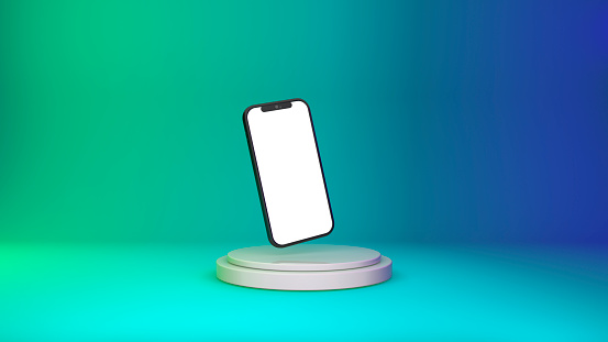 3d smartphone mockup with empty screen on colored neon podium background . Internet applications, social networks and online sales of products concept. High quality 3d illustration