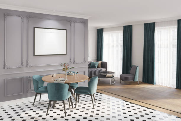 istock A modern-classic apartment with an illuminated horizontal poster on a set table with four green chairs. In the background are an armchair, coffee tables, a sofa near the window with curtains. 1365391848