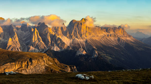 Sunset at Catinaccio -  Rosengarten in the Dolomites Alpenglow at Catinaccio -  Rosengarten in the Dolomites dolomites stock pictures, royalty-free photos & images