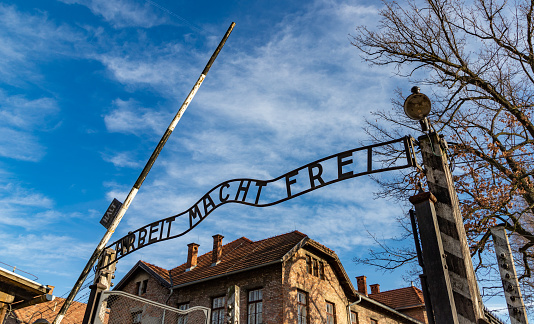 Auschwitz, Poland - January 12, 2020: A picture of the gate sign at the Memorial and Museum Auschwitz I.