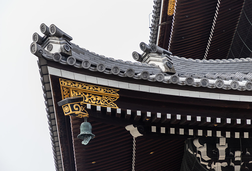 Kyoto, Japan - January 17, 2020: A close-up picture of the architecture details of the Founder's Hall of the Higashi Hongan-ji Temple.