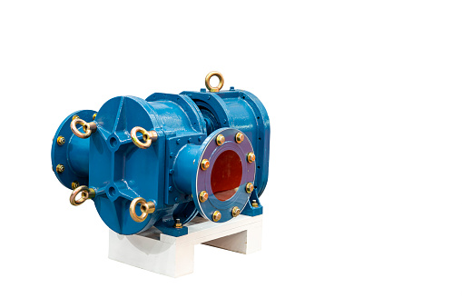 Industrial rotary or lobe gear high pressure vacuum positive displacement pump for flow rate control and can handle solid variety liquid solvent oil grease on base wood isolated with clipping path