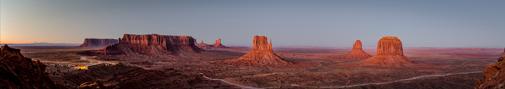 Evening at Monument Valley in Arizona in the Navajo Tribal Park, with Sentinel Mesa, West Mitten Butte, East Mitten Butte and Merrick Butte