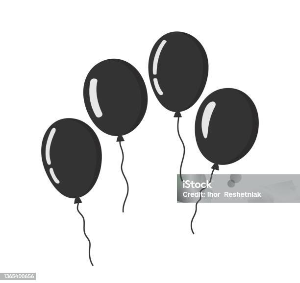 Balloon Icons Flat Baloons Bunch For Birthday Party And Carnival Black Ballons With Rope Simple Silhouettes Isolated On White Background Kid Symbol Vector - Arte vetorial de stock e mais imagens de Balão - Enfeite