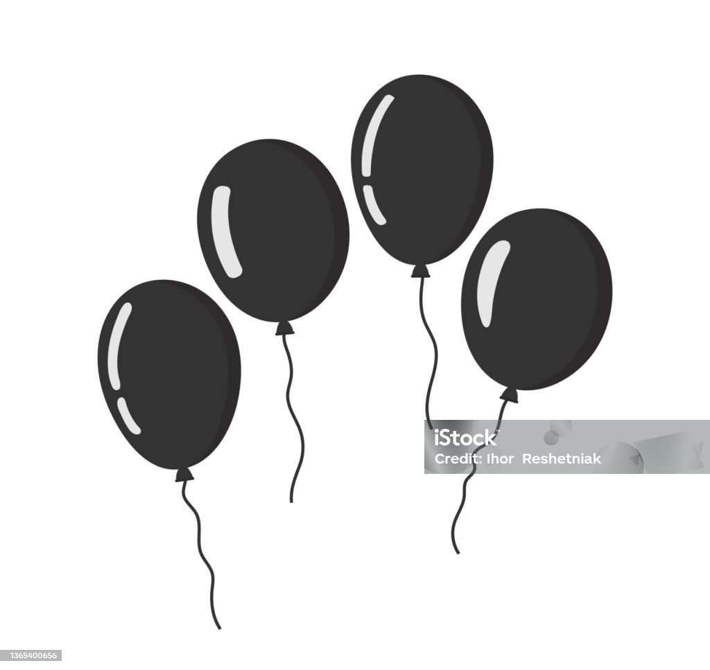 Значки воздушных шаров. Плоские шарики гроздья на день рождения, вечеринку и карнавал. Черные баллоны с веревкой. Простые силуэты, изолиров� - Векторная графика Воздушный шарик роялти-фри