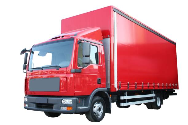 Red delivery truck isolated on white.