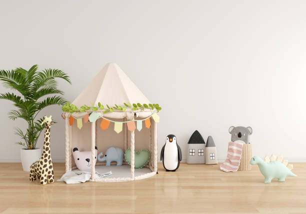 모형, 3d 렌더링을 위한 어린이 방에 인형이 있는 텐트 - designer living room brown white 뉴스 사진 이미지