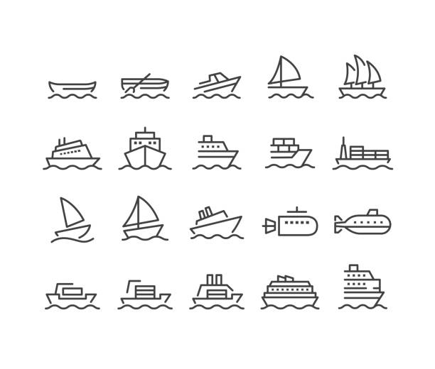 illustrazioni stock, clip art, cartoni animati e icone di tendenza di icone di navi e barche - serie classic line - cruise ship interface icons vector symbol