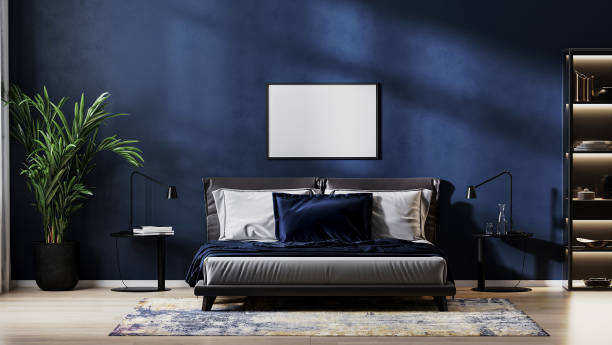 istock horizontal frame mock up in modern bedroom interior background with empty dark blue wall, 3d rendering 1365402391