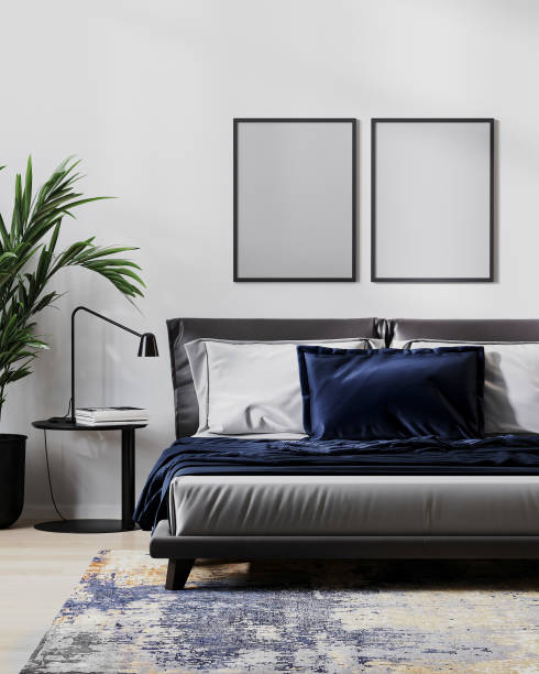 istock blank poster frame mock up in modern bedroom interior for mock up, 3d illustration 1365402448